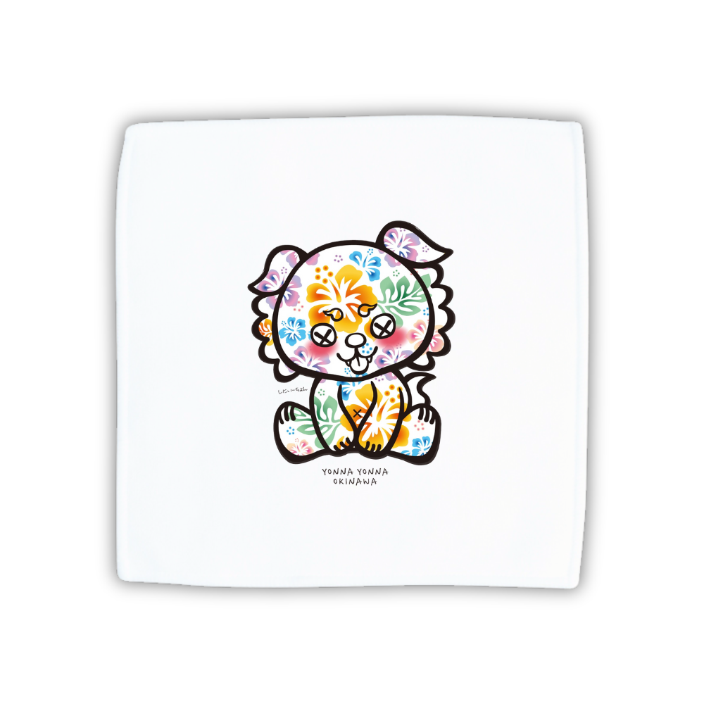 いーちょんシーサー 白 ハイビスカス ハンドタオル